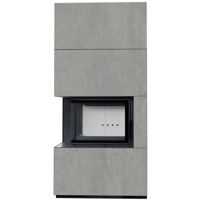 Камин Kratki FLOKI BOX левый 8 kW Ø 160 в строении из керамогранита CEMENTO GRIGIO BOCCIARDATA