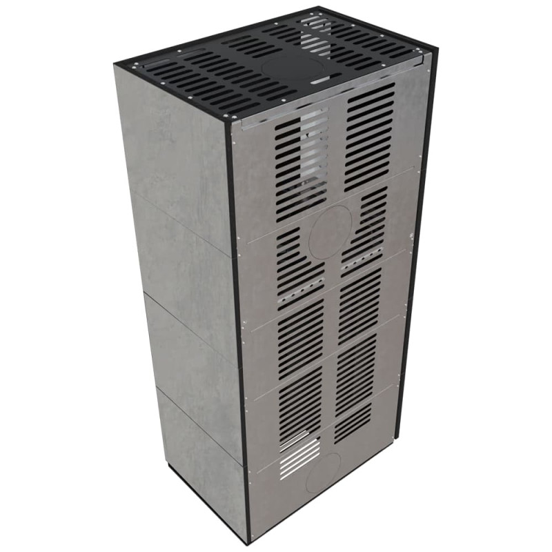 Камин Kratki FLOKI BOX левый 8 kW Ø 160 в строении из керамогранита CEMENTO GRIGIO BOCCIARDATA