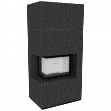Камин Kratki FLOKI BOX левый 8 kW Ø 160 в строении из керамогранита NATURALI ARDESIA NERO A SPACCO