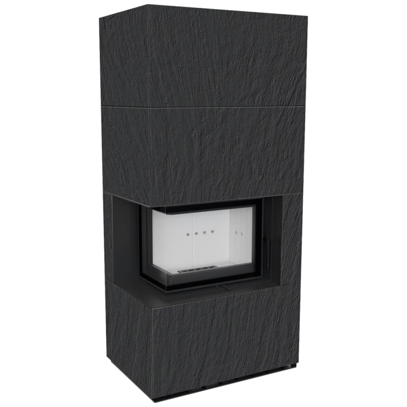 Камин Kratki FLOKI BOX левый 8 kW Ø 160 в строении из керамогранита NATURALI ARDESIA NERO A SPACCO