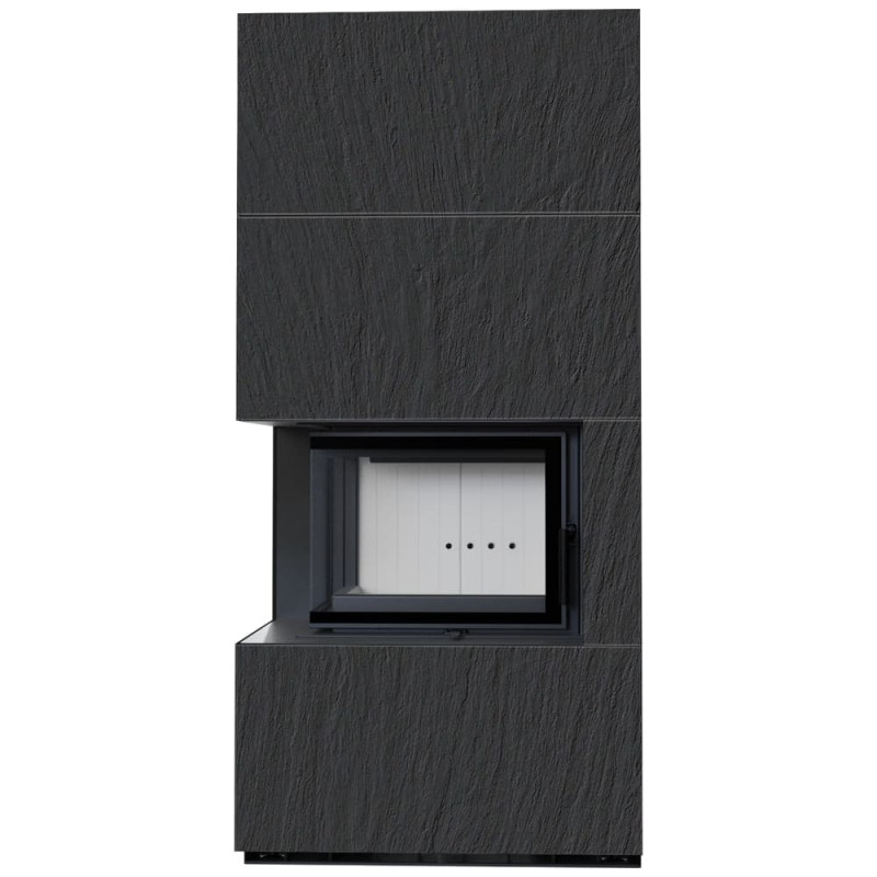 Камин Kratki FLOKI BOX левый 8 kW Ø 160 в строении из керамогранита NATURALI ARDESIA NERO A SPACCO
