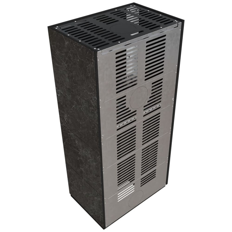 Камин Kratki FLOKI BOX левый 8 kW Ø 160 в строении из керамогранита NATURALI NERO GRECO
