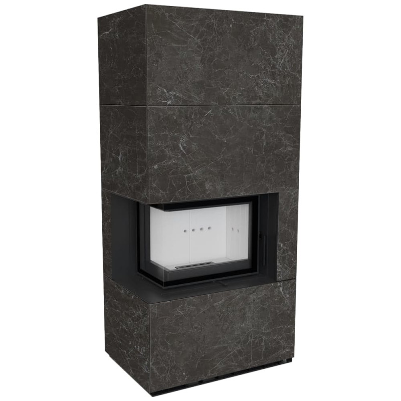 Камин Kratki FLOKI BOX левый 8 kW Ø 160 в строении из керамогранита NATURALI NERO GRECO