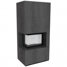 Камин Kratki FLOKI BOX левый 8 kW Ø 160 в строении из керамогранита NATURALI PIETRA DI SAVOIA ANTRANCITE BOCCIARDATA