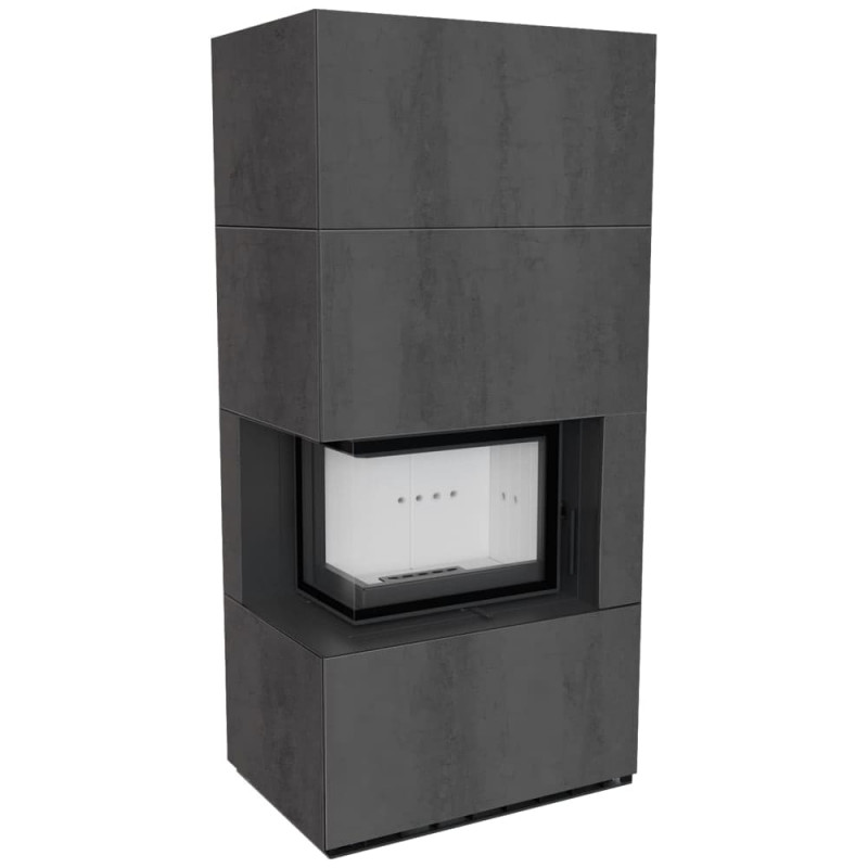 Камін Kratki FLOKI BOX лівий 8 kW Ø 160 в обудові з керамограніту NATURALI PIETRA DI SAVOIA ANTRANCITE BOCCIARDATA