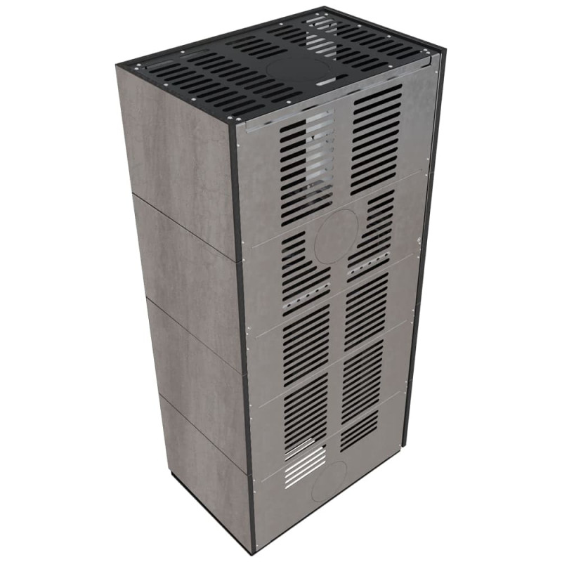Камин Kratki FLOKI BOX левый 8 kW Ø 160 в строении из керамогранита NATURALI PIETRA DI SAVOIA GRIGIA BOCCIARDATA