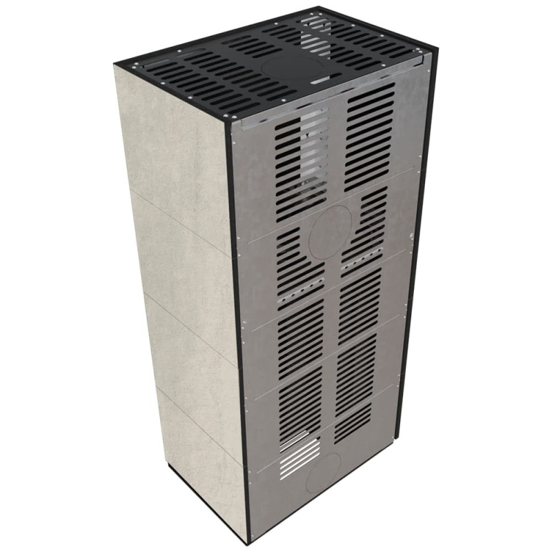 Камин Kratki FLOKI BOX левый 8 kW Ø 160 в строении из керамогранита NATURALI PIETRA DI SAVOIA PERLA BOCCIARDATA