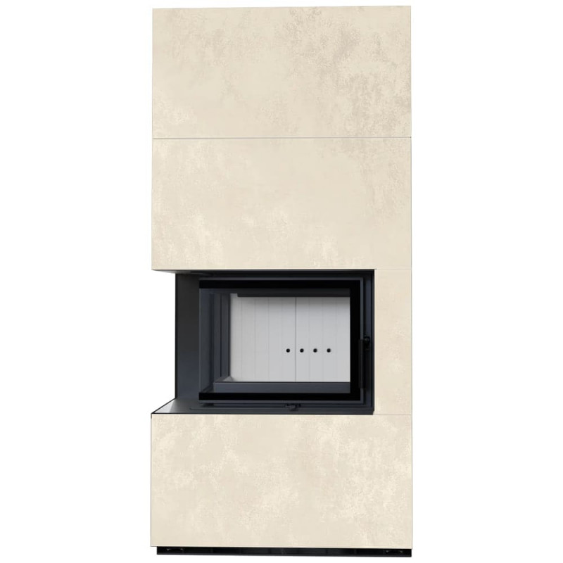 Камин Kratki FLOKI BOX левый 8 kW Ø 160 в строении из керамогранита OXIDE BIANCO