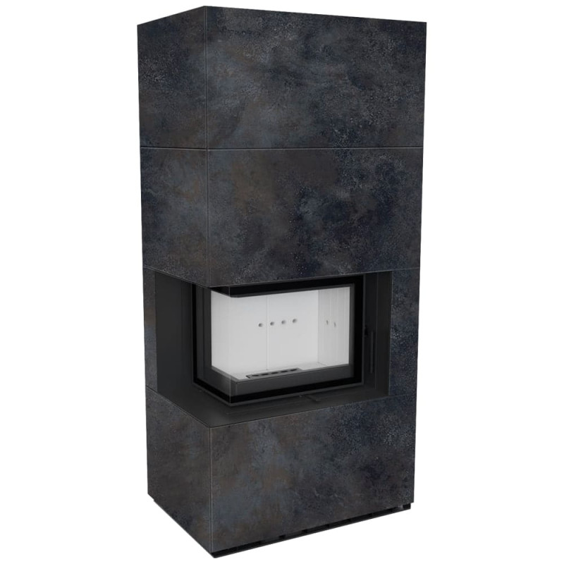 Камин Kratki FLOKI BOX левый 8 kW Ø 160 в строении из керамогранита OSSIDO NERO