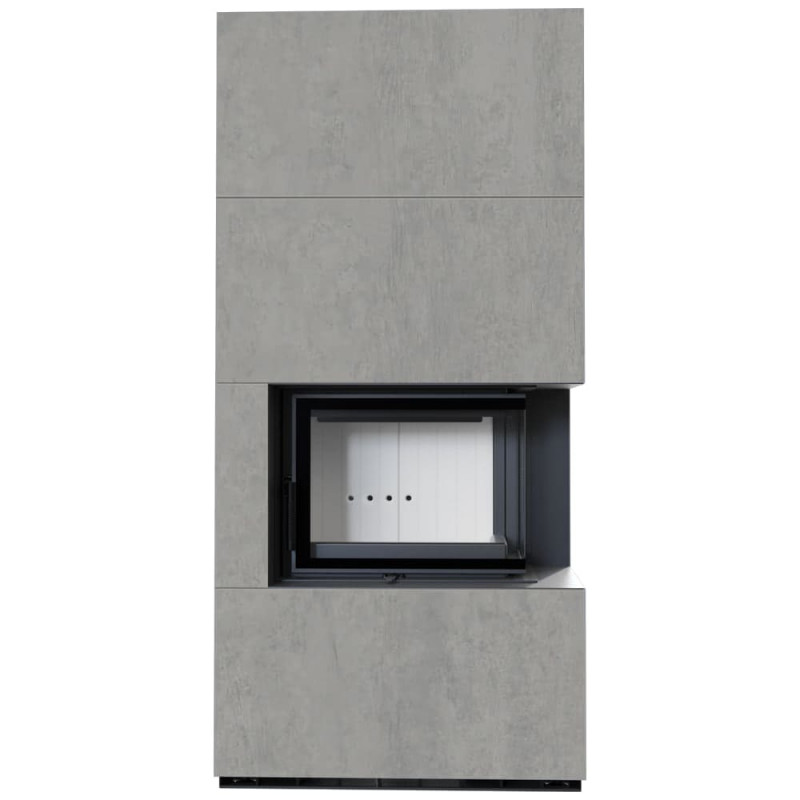 Камин Kratki FLOKI BOX прав 8 kW Ø 160 в строении из керамогранита CEMENTO GRIGIO BOCCIARDATA