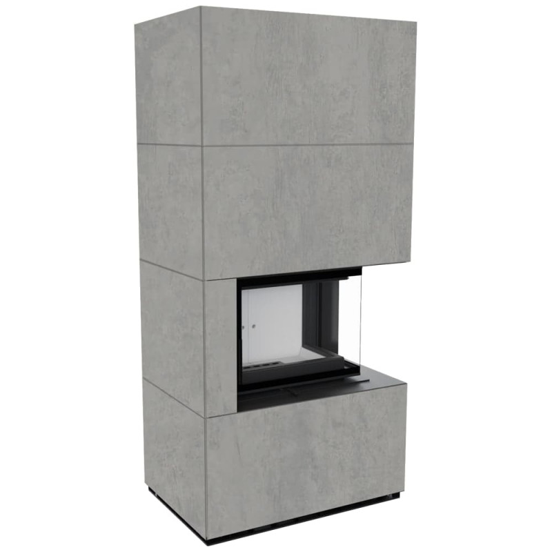 Камин Kratki FLOKI BOX прав 8 kW Ø 160 в строении из керамогранита CEMENTO GRIGIO BOCCIARDATA