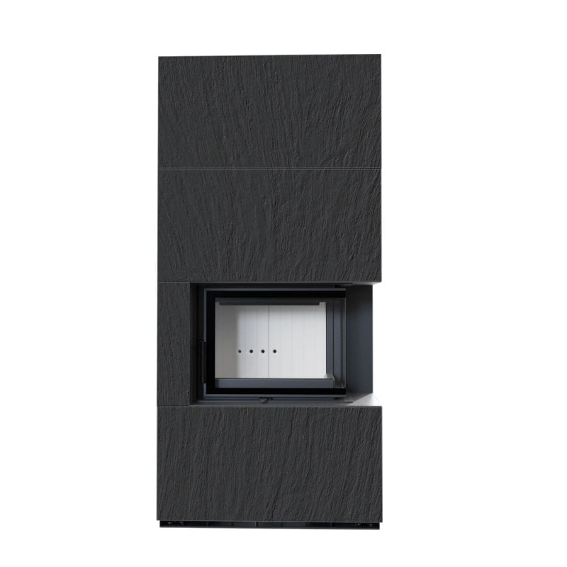 Камин Kratki FLOKI BOX прав 8 kW Ø 160 в строении из керамогранита NATURALI ARDESIA NERO A SPACCO