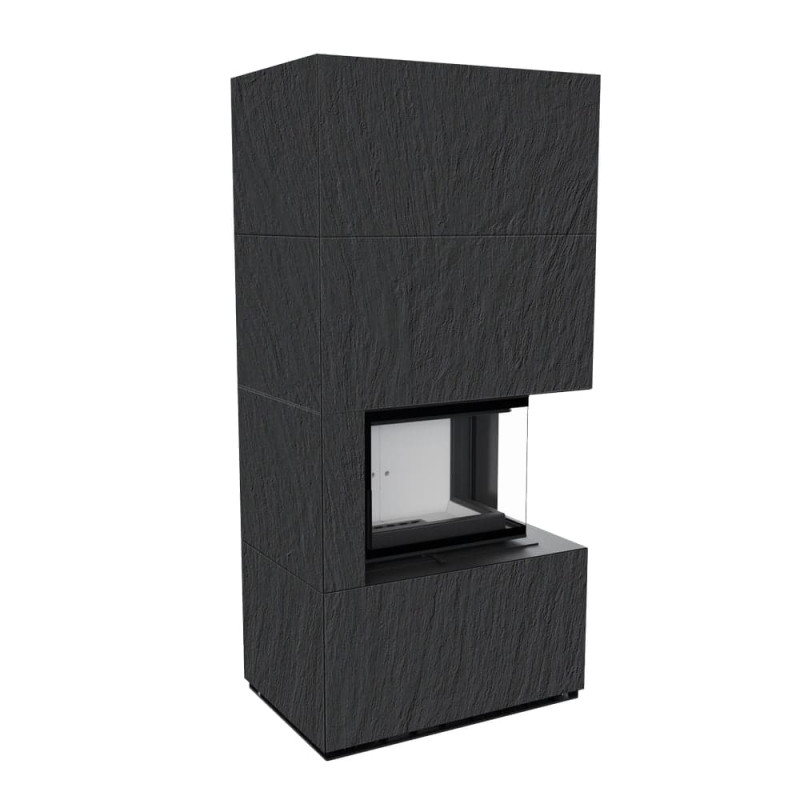 Камин Kratki FLOKI BOX прав 8 kW Ø 160 в строении из керамогранита NATURALI ARDESIA NERO A SPACCO