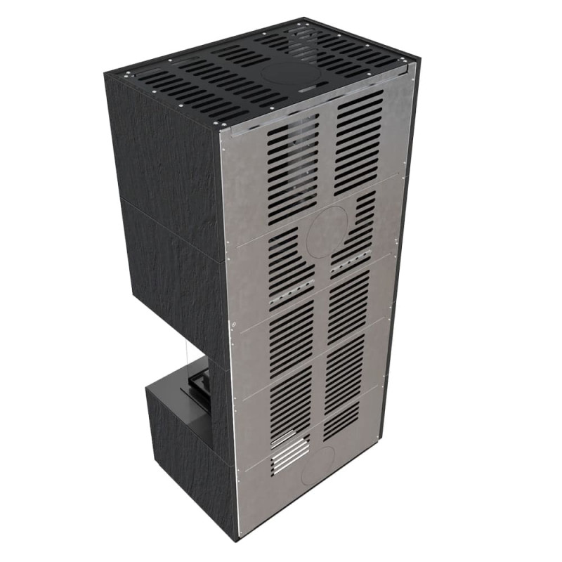 Камин Kratki FLOKI BOX прав 8 kW Ø 160 в строении из керамогранита NATURALI ARDESIA NERO A SPACCO