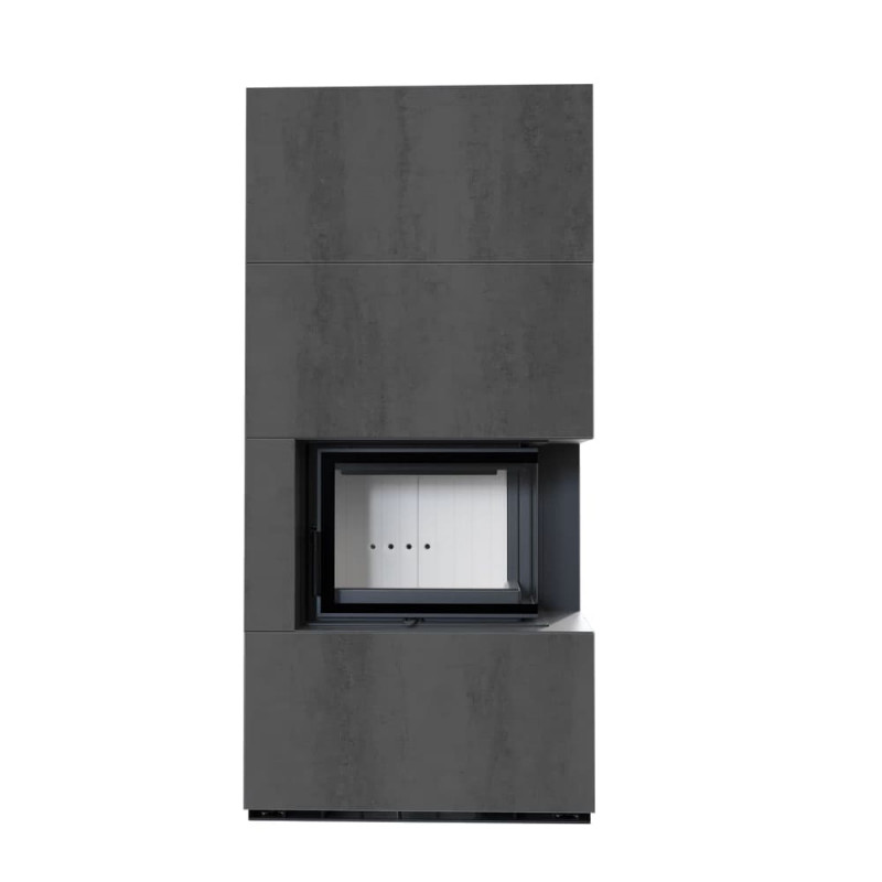Камин Kratki FLOKI BOX прав 8 kW Ø 160 в строении из керамогранита NATURALI PIETRA DI SAVOIA ANTRANCITE BOCCIARDATA