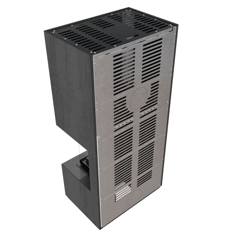 Камин Kratki FLOKI BOX прав 8 kW Ø 160 в строении из керамогранита NATURALI PIETRA DI SAVOIA ANTRANCITE BOCCIARDATA