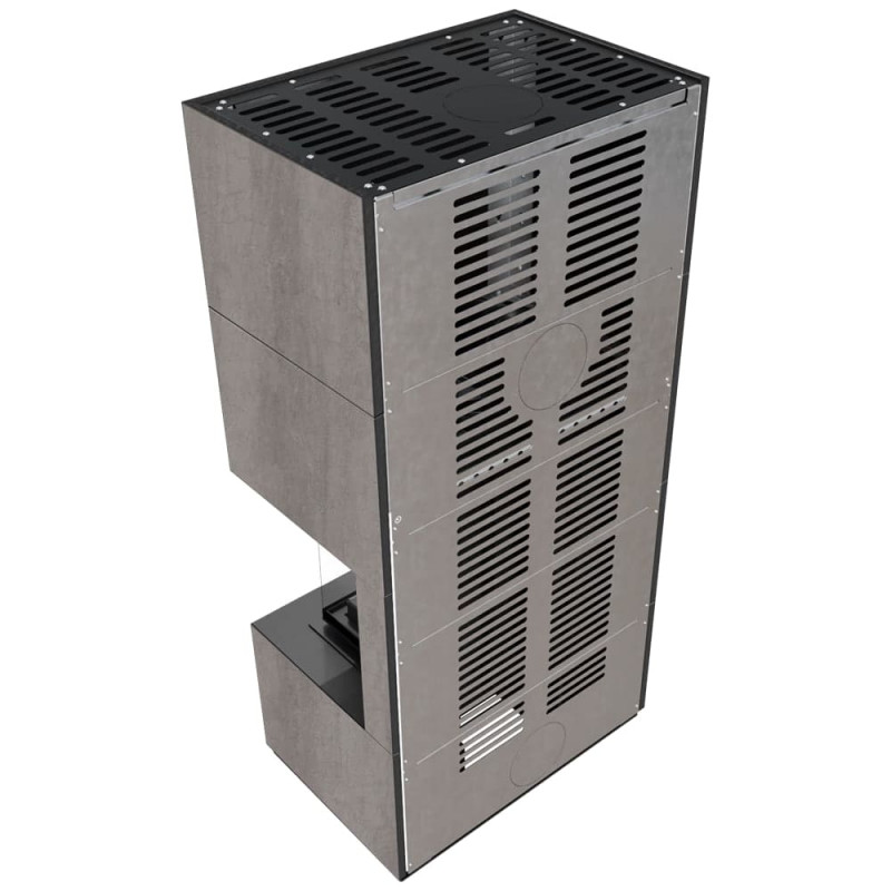 Камин Kratki FLOKI BOX прав 8 kW Ø 160 в строении из керамогранита NATURALI PIETRA DI SAVOIA GRIGIA BOCCIARDATA