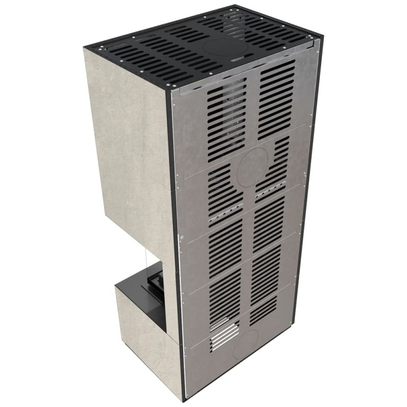 Камин Kratki FLOKI BOX прав 8 kW Ø 160 в строении из керамогранита NATURALI PIETRA DI SAVOIA PERLA BOCCIARDATA