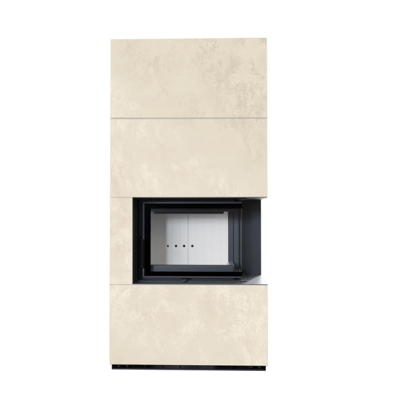 Камин Kratki FLOKI BOX прав 8 kW Ø 160 в строении из керамогранита OXIDE BIANCO