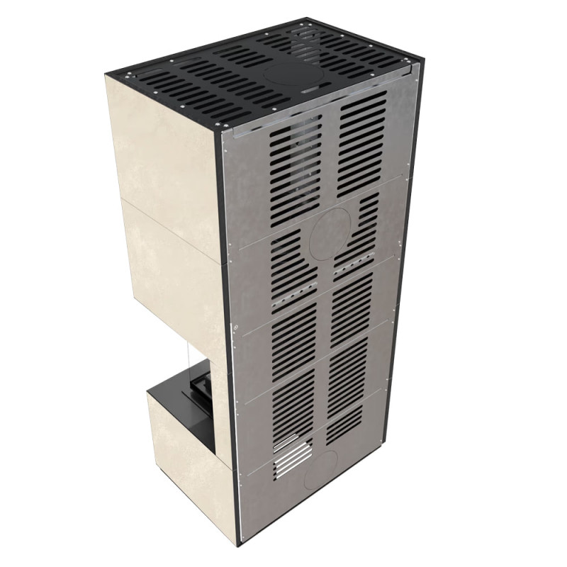 Камин Kratki FLOKI BOX прав 8 kW Ø 160 в строении из керамогранита OXIDE BIANCO