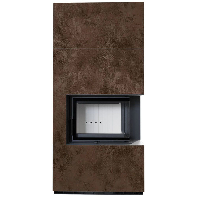 Камин Kratki FLOKI BOX прав 8 kW Ø 160 в строении из керамогранита OXIDE MORO
