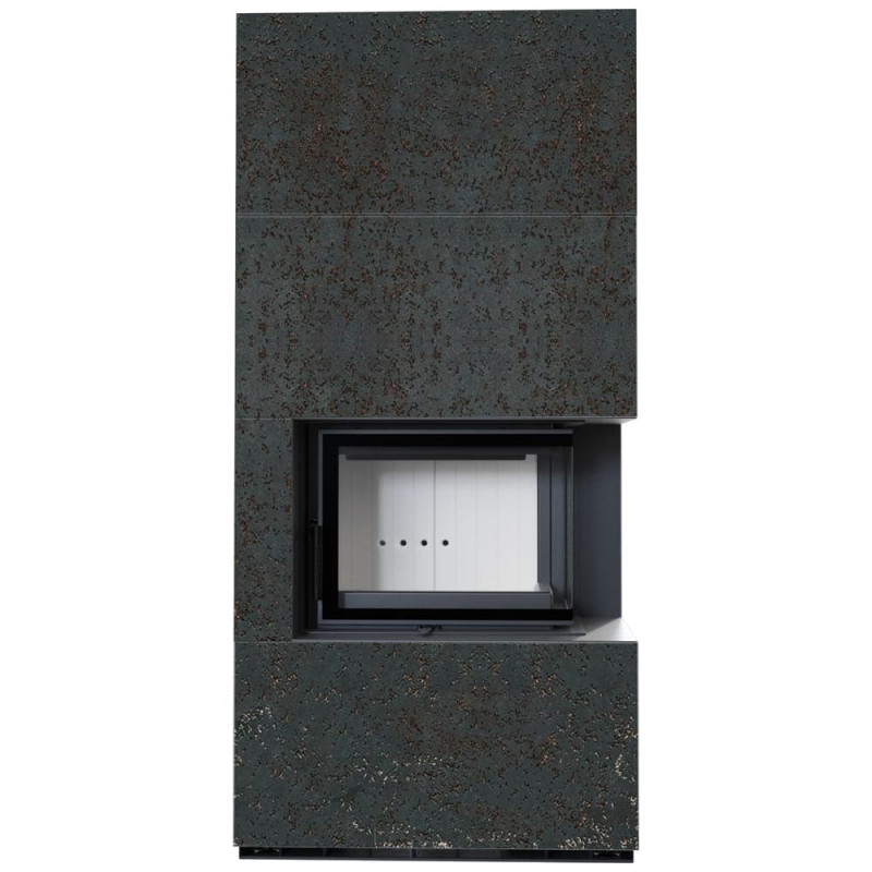 Камин Kratki FLOKI BOX прав 8 kW Ø 160 в строении из керамогранита OXIDE NERO