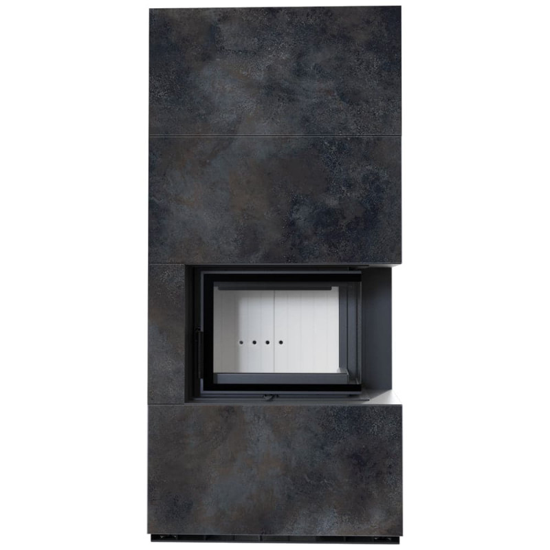 Камин Kratki FLOKI BOX прав 8 kW Ø 160 в строении из керамогранита OSSIDO NERO