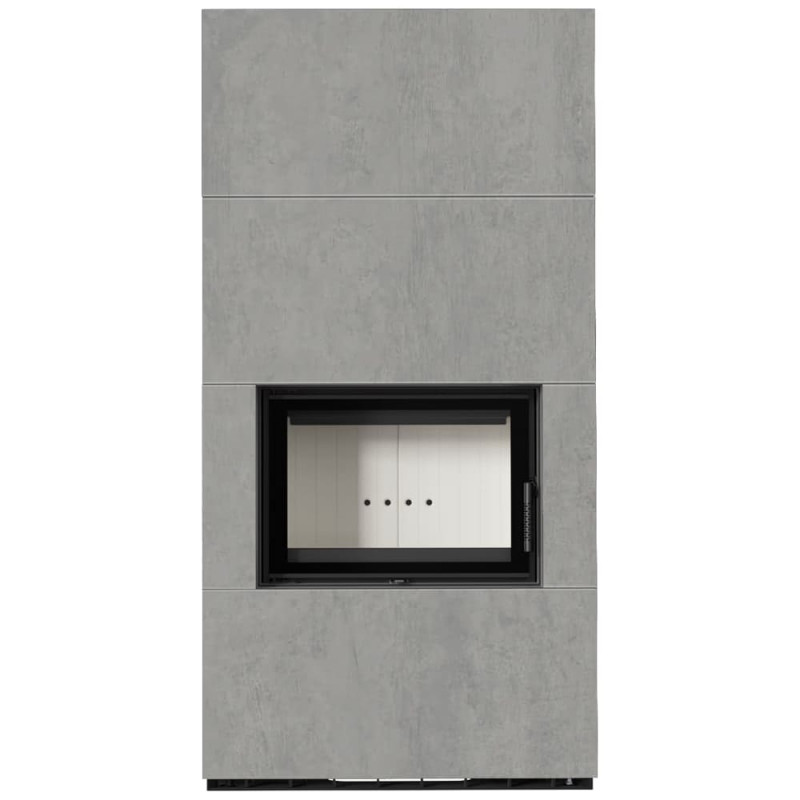 Камин Kratki FLOKI BOX 8 kW Ø 160 в строении из керамогранита CEMENTO GRIGIO BOCCIARDATA