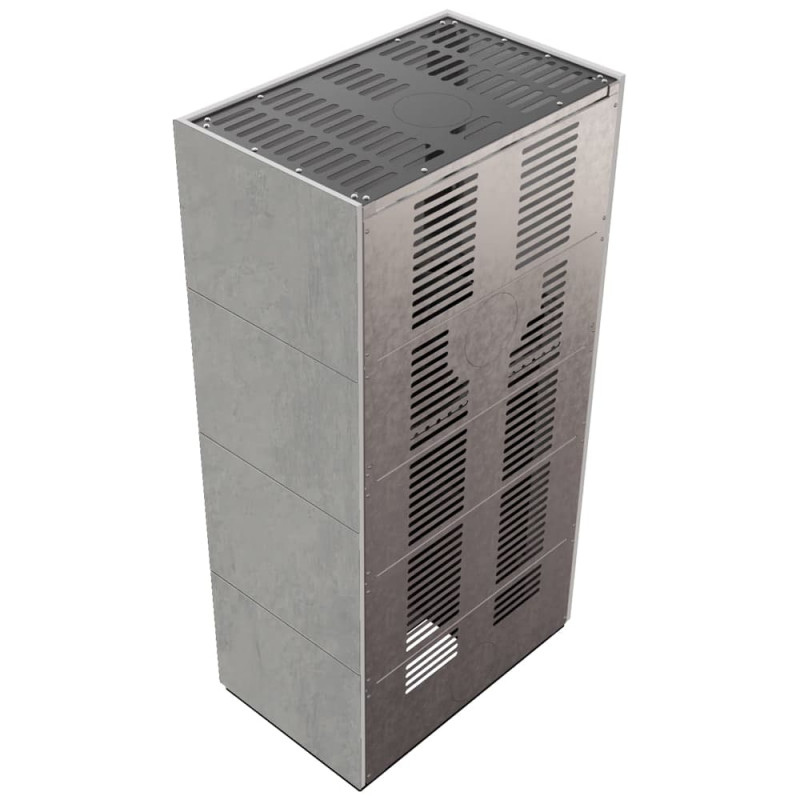 Камин Kratki FLOKI BOX 8 kW Ø 160 в строении из керамогранита CEMENTO GRIGIO BOCCIARDATA