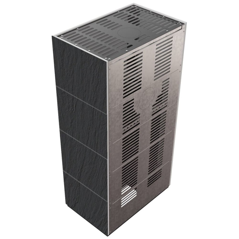 Камин Kratki FLOKI BOX 8 kW Ø 160 в строении из керамогранита NATURALI ARDESIA NERO A SPACCO