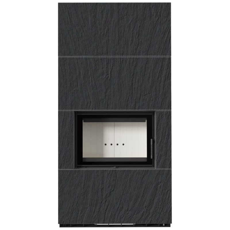 Камин Kratki FLOKI BOX 8 kW Ø 160 в строении из керамогранита NATURALI ARDESIA NERO A SPACCO