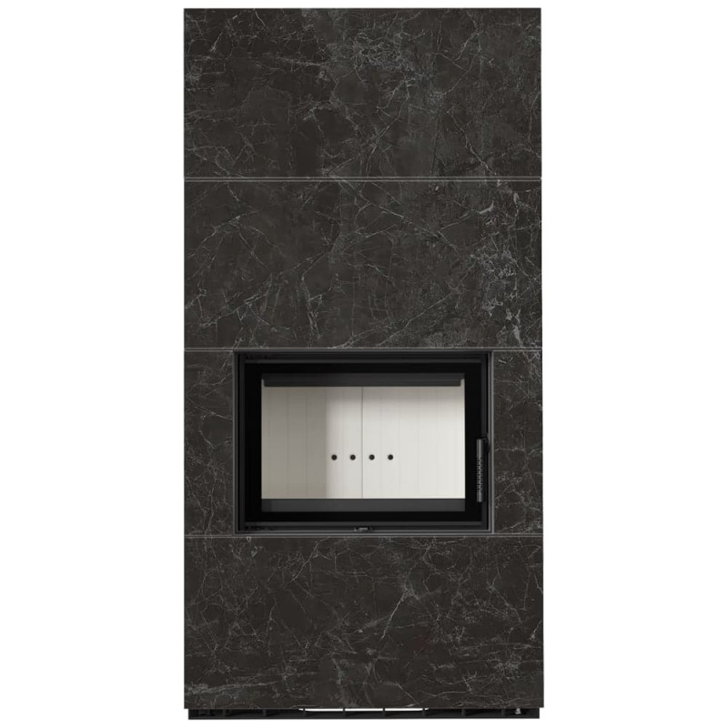 Камин Kratki FLOKI BOX 8 kW Ø 160 в устройстве из керамогранита NATURALI NERO GRECO