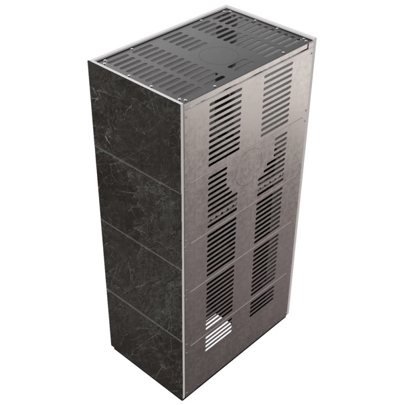 Камин Kratki FLOKI BOX 8 kW Ø 160 в устройстве из керамогранита NATURALI NERO GRECO