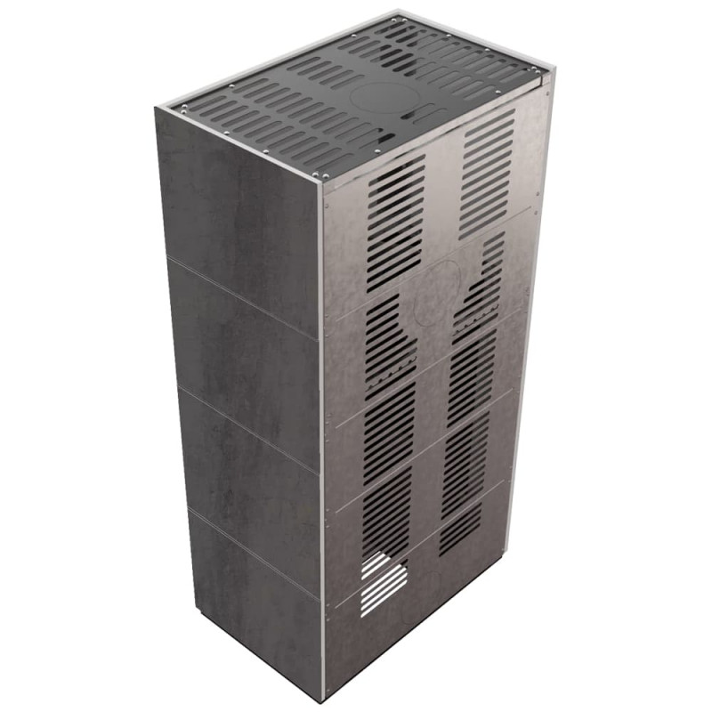 Камин Kratki FLOKI BOX 8 kW Ø 160 в строении из керамогранита ATURALI PIETRA DI SAVOIA ANTRANCITE BOCCIARDATA