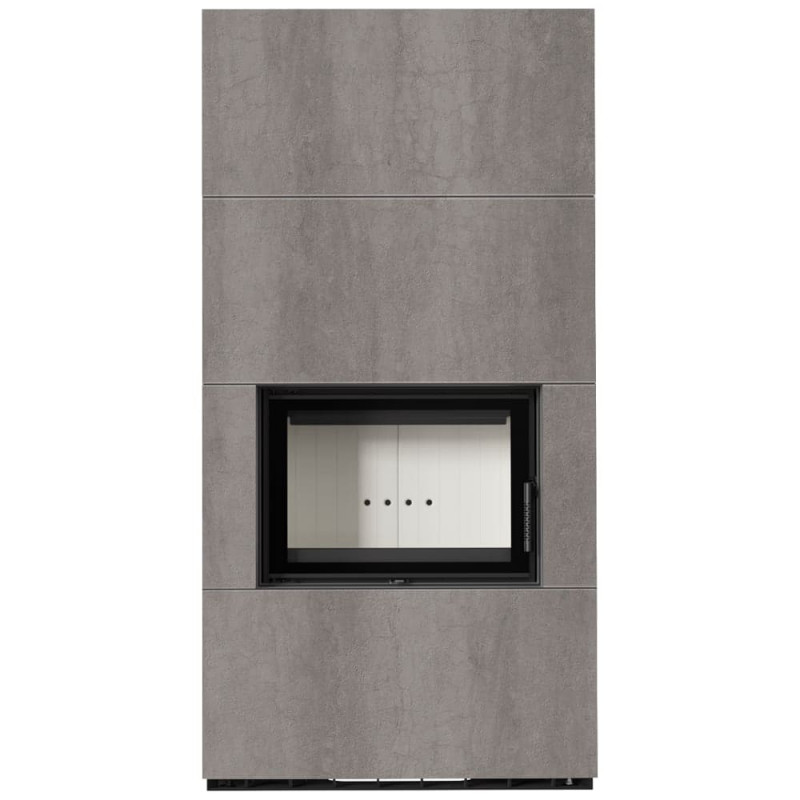 Камин Kratki FLOKI BOX 8 kW Ø 160 в строении из керамогранита NATURALI PIETRA DI SAVOIA GRIGIA BOCCIARDATA