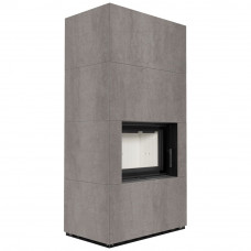 Камин Kratki FLOKI BOX 8 kW Ø 160 в строении из керамогранита NATURALI PIETRA DI SAVOIA GRIGIA BOCCIARDATA