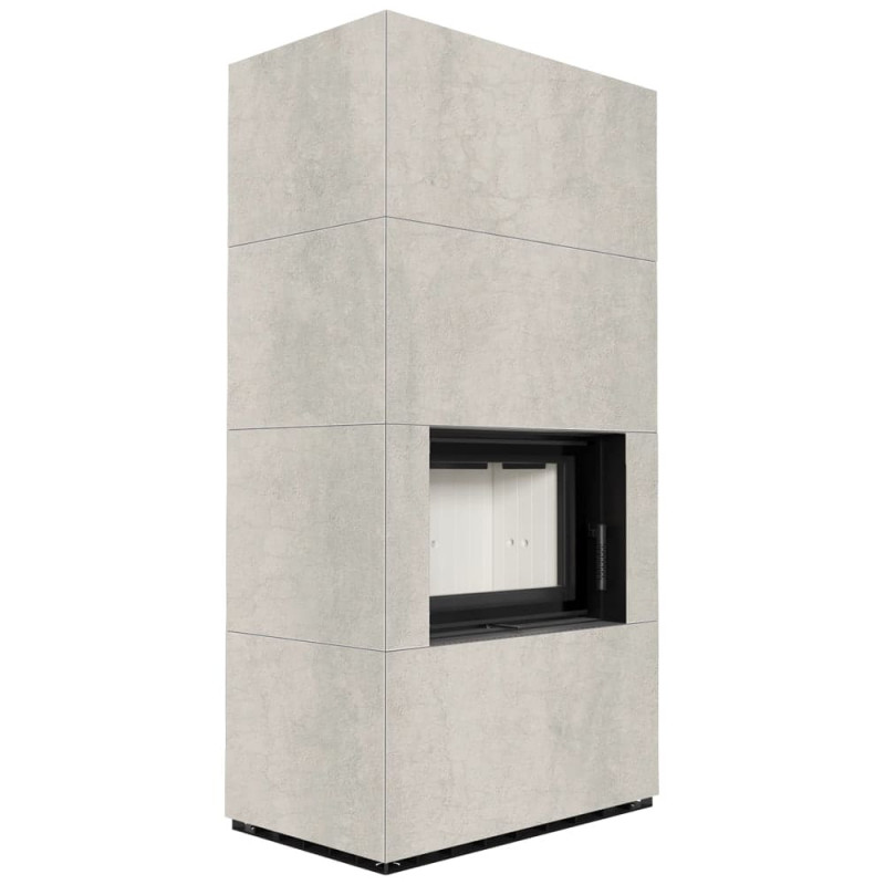 Камин Kratki FLOKI BOX 8 kW Ø 160 в строении из керамогранита NATURALI PIETRA DI SAVOIA PERLA BOCCIARDATA