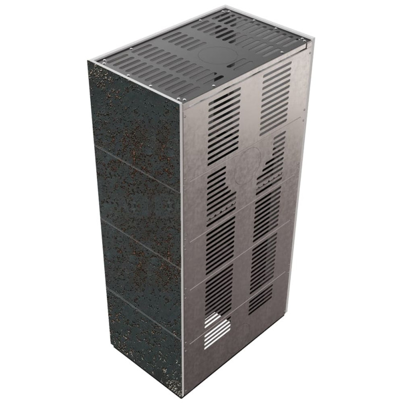 Камин Kratki FLOKI BOX 8 kW Ø 160 в строении из керамогранита OXIDE NERO