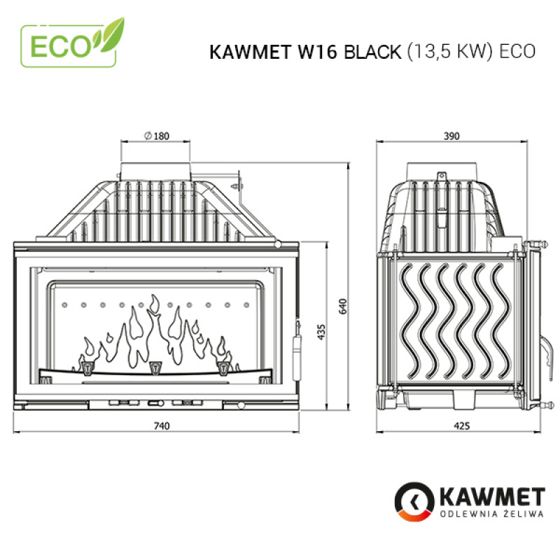 Камінна топка KAWMET W16 Black (13.5 kW) ECO