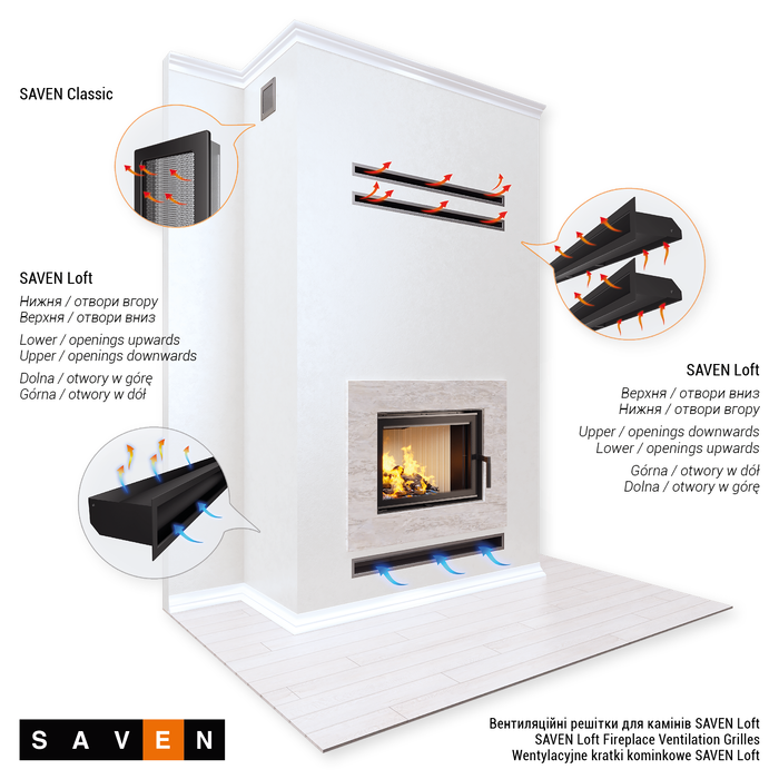 Вентиляционная решетка для камина SAVEN Loft 90х400 графитовая.